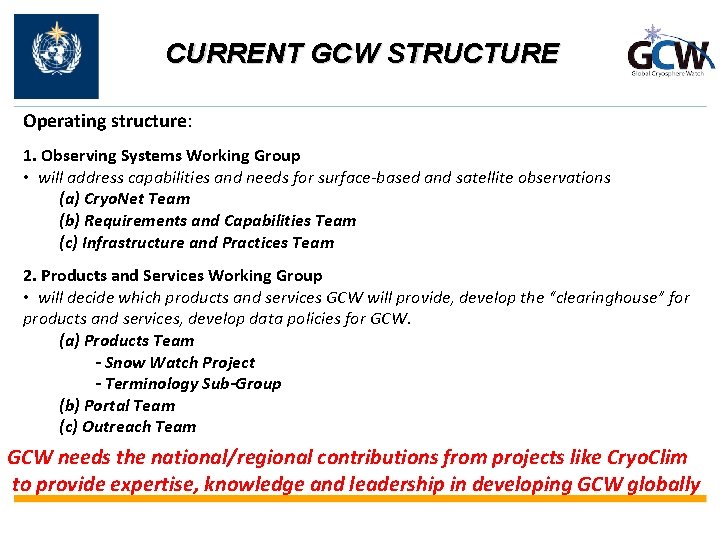 CURRENT GCW STRUCTURE Operating structure: 1. Observing Systems Working Group • will address capabilities