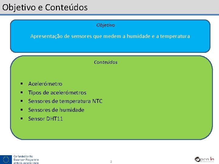 Objetivo e Conteúdos Objetivo Apresentação de sensores que medem a humidade e a temperatura