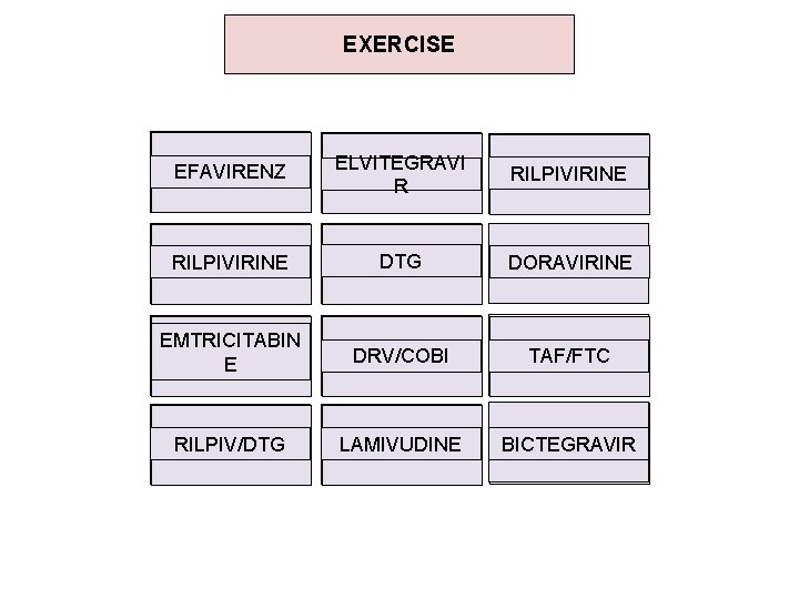 EXERCISE NNRTI in EFAVIRENZ ATRIPLA ELVITEGRAVI II in STRIBILD R NNRTI in RILPIVIRINE ODEFSEY