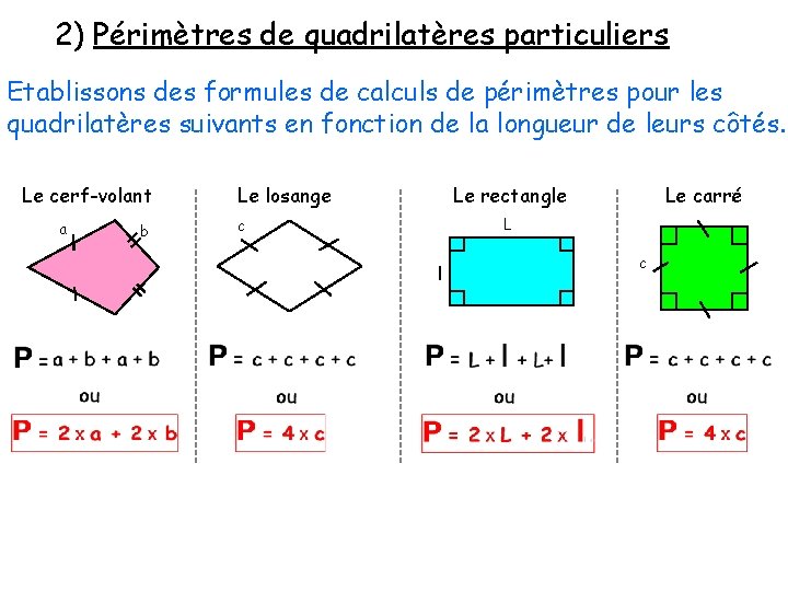 2) Périmètres de quadrilatères particuliers Etablissons des formules de calculs de périmètres pour les