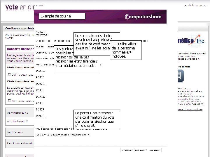 Exemple de courriel Le sommaire des choix sera fourni au porteur à des fins