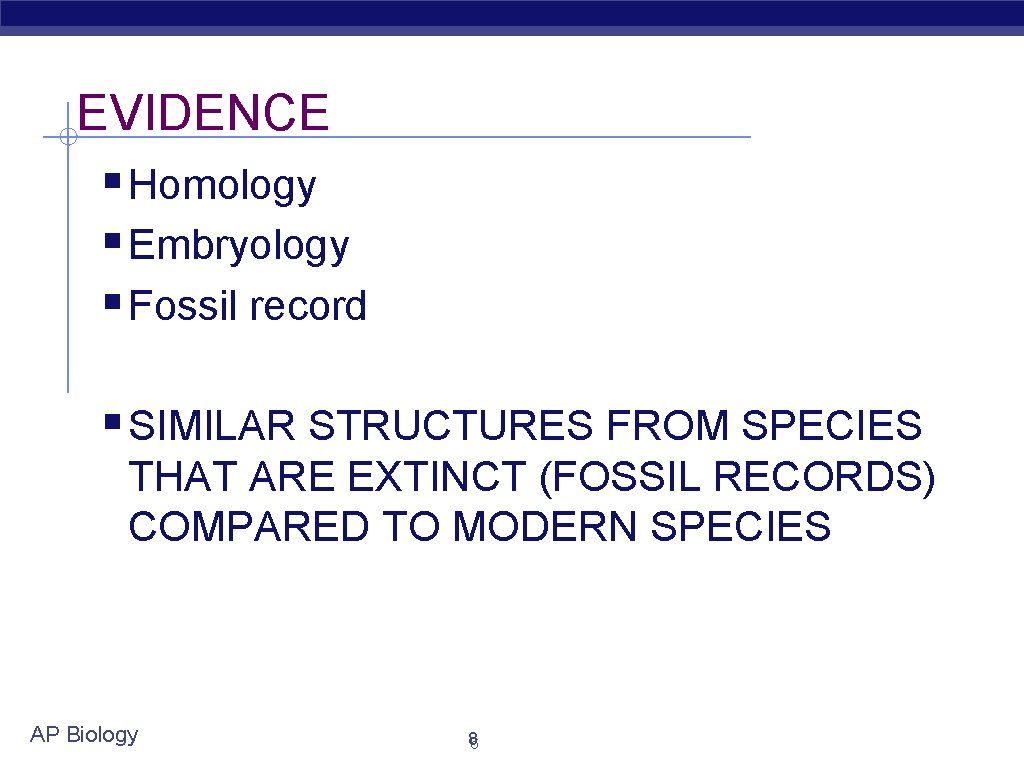 EVIDENCE § Homology § Embryology § Fossil record § SIMILAR STRUCTURES FROM SPECIES THAT