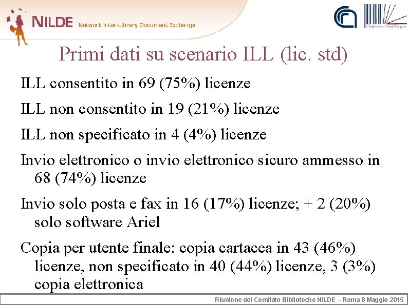 Primi dati su scenario ILL (lic. std) ILL consentito in 69 (75%) licenze ILL