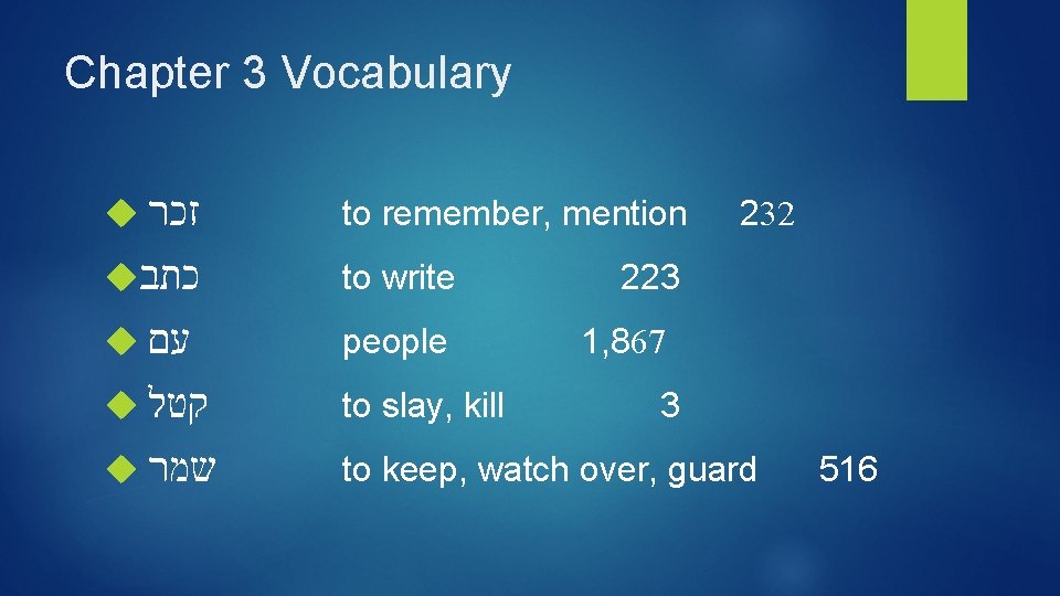 Chapter 3 Vocabulary זכר to remember, mention כתב to write עם people קטל to