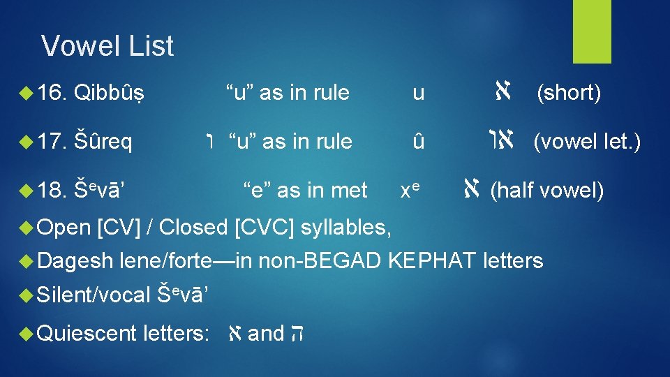 Vowel List 16. Qibbûṣ 17. Šûreq 18. Ševā’ Open ו “u” as in rule