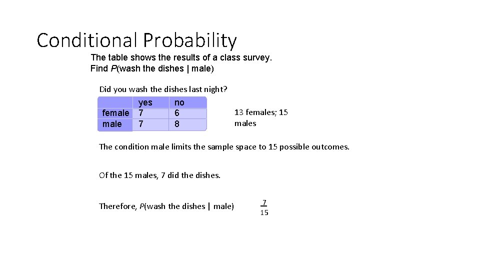 Conditional Probability The table shows the results of a class survey. Find P(wash the