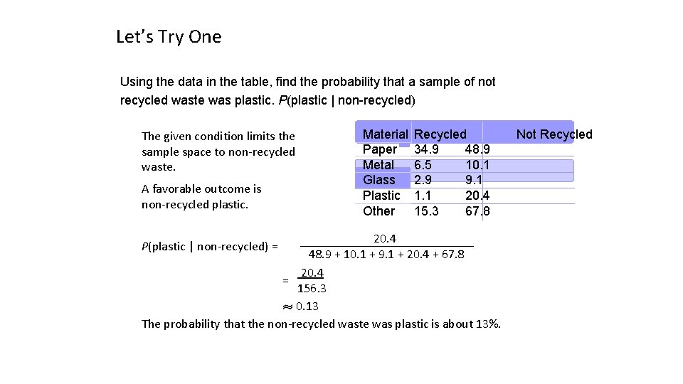 Let’s Try One Using the data in the table, find the probability that a