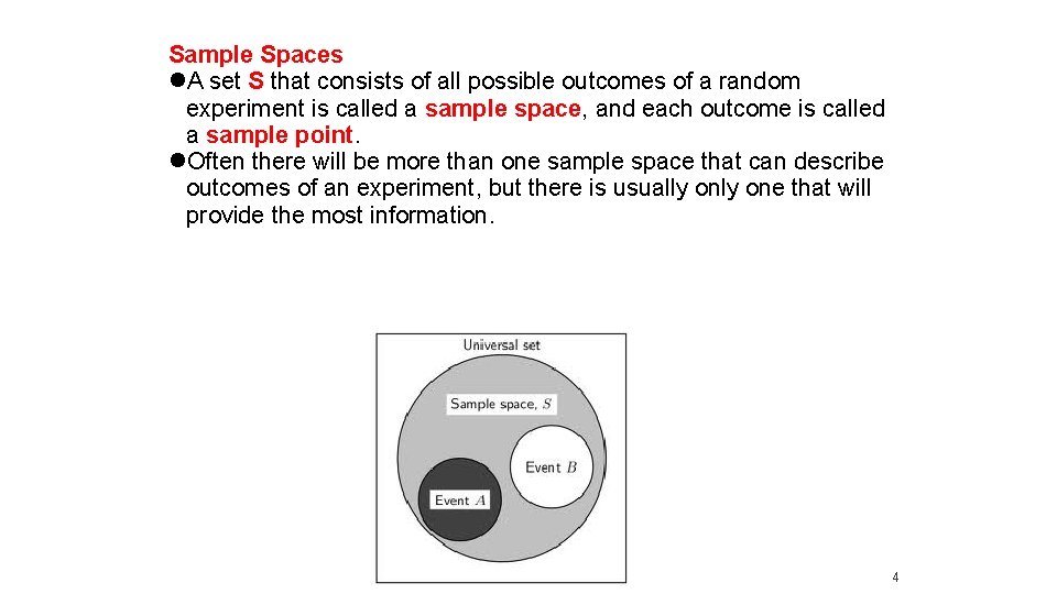 Sample Spaces A set S that consists of all possible outcomes of a random