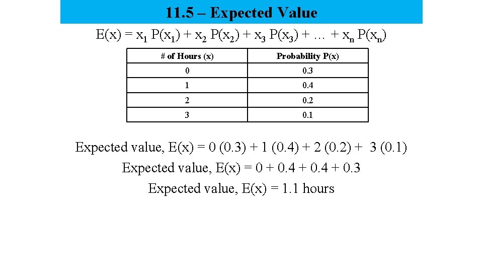 11. 5 – Expected Value E(x) = x 1 P(x 1) + x 2