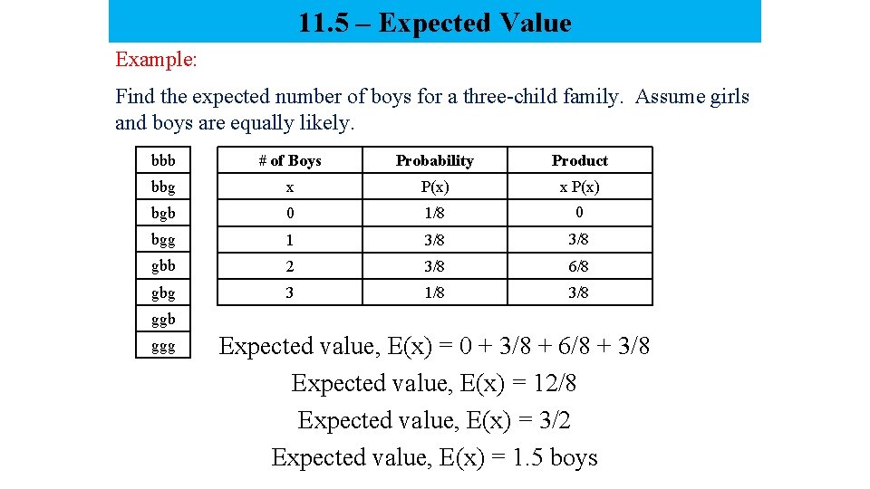 11. 5 – Expected Value Example: Find the expected number of boys for a
