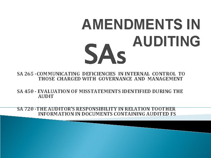AMENDMENTS IN AUDITING SAs SA 265 -COMMUNICATING DEFICIENCIES IN INTERNAL CONTROL TO THOSE CHARGED