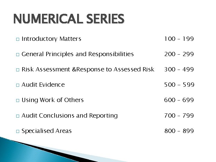 NUMERICAL SERIES � Introductory Matters 100 – 199 � General Principles and Responsibilities 200