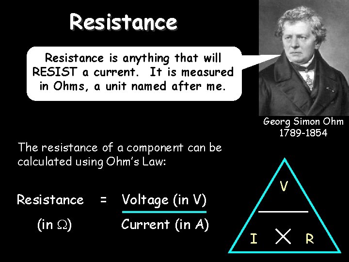 Resistance is anything that will RESIST a current. It is measured in Ohms, a
