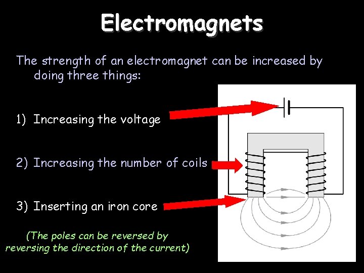 Electromagnets The strength of an electromagnet can be increased by doing three things: 1)