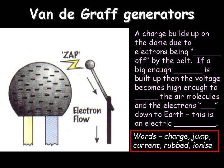 Van de Graff generators A charge builds up on the dome due to electrons