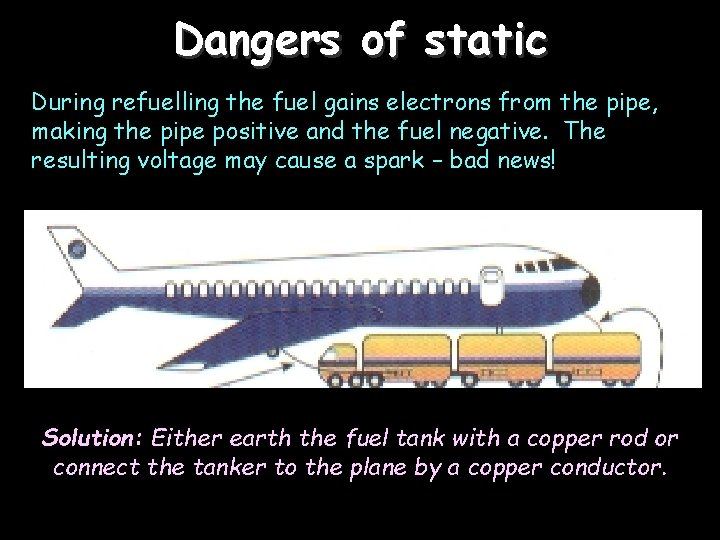 Dangers of static During refuelling the fuel gains electrons from the pipe, making the