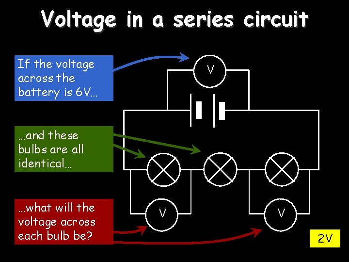 Voltage in a series circuit If the voltage across the battery is 6 V…