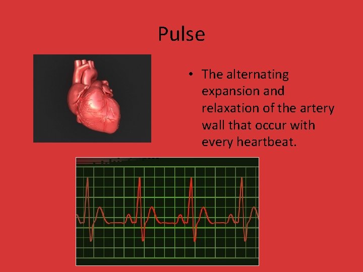 Pulse • The alternating expansion and relaxation of the artery wall that occur with