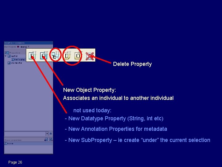 Properties Tab: Property Browser Delete Property New Object Property: Associates an individual to another