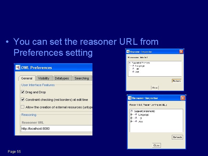  • You can set the reasoner URL from Preferences setting Page 55 