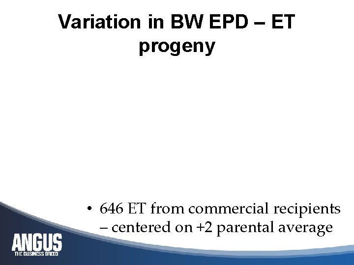 Variation in BW EPD – ET progeny • 646 ET from commercial recipients –