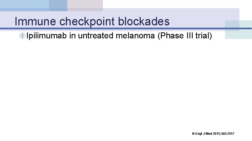 Immune checkpoint blockades Ipilimumab in untreated melanoma (Phase III trial) N Engl J Med