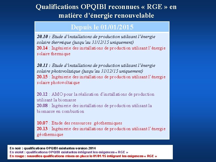 Qualifications OPQIBI reconnues « RGE » en matière d’énergie renouvelable Depuis le 01/01/2015 20.