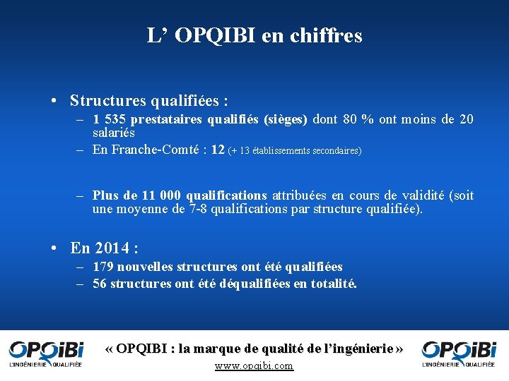 L’ OPQIBI en chiffres • Structures qualifiées : – 1 535 prestataires qualifiés (sièges)