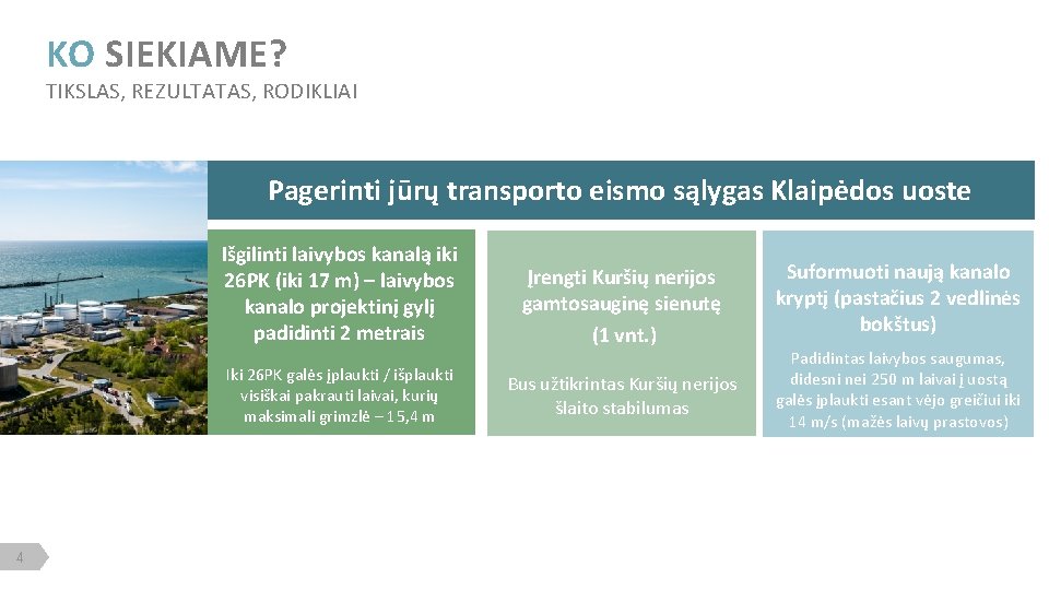 KO SIEKIAME? TIKSLAS, REZULTATAS, RODIKLIAI Pagerinti jūrų transporto eismo sąlygas Klaipėdos uoste Išgilinti laivybos