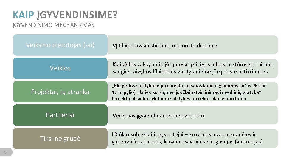 KAIP ĮGYVENDINSIME? ĮGYVENDINIMO MECHANIZMAS Veiksmo plėtotojas (-ai) Veiklos Projektai, jų atranka Partneriai Tikslinė grupė