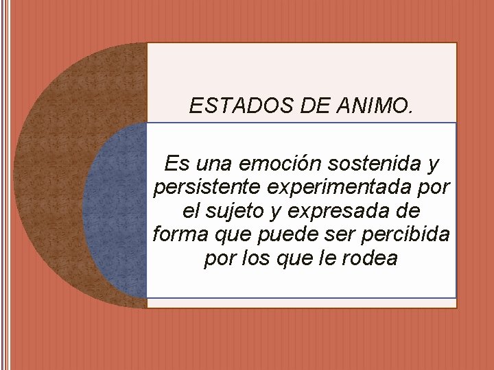 ESTADOS DE ANIMO. Es una emoción sostenida y persistente experimentada por el sujeto y