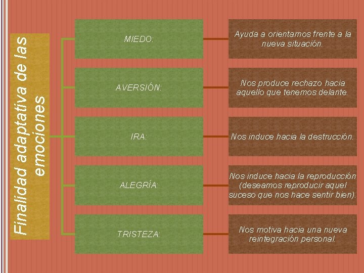 Finalidad adaptativa de las emociones MIEDO: Ayuda a orientarnos frente a la nueva situación.