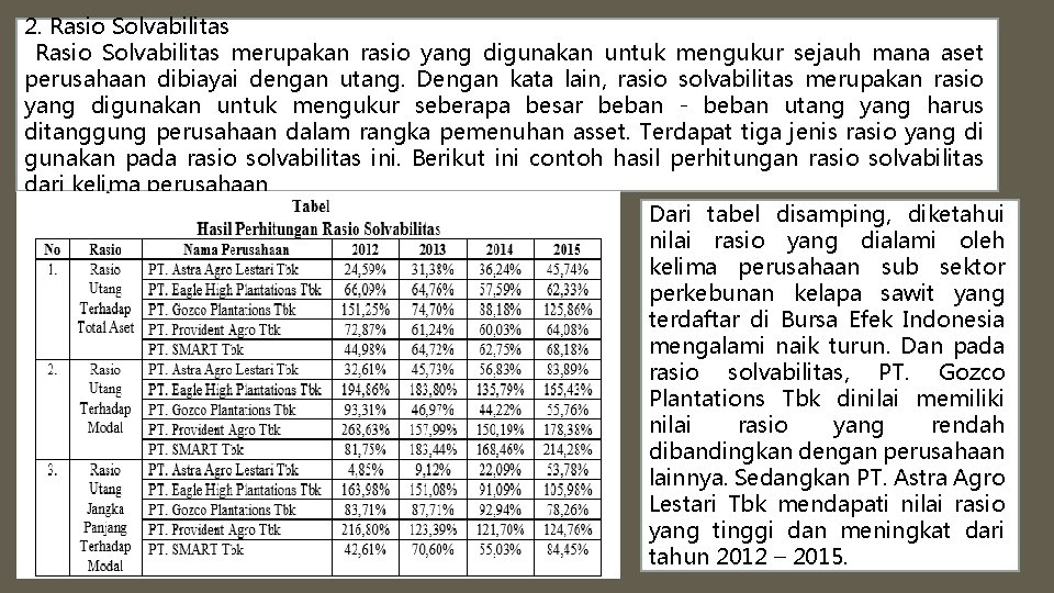 2. Rasio Solvabilitas merupakan rasio yang digunakan untuk mengukur sejauh mana aset perusahaan dibiayai