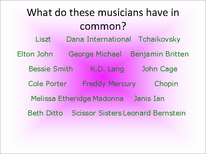 What do these musicians have in common? Liszt Dana International Elton John George Michael