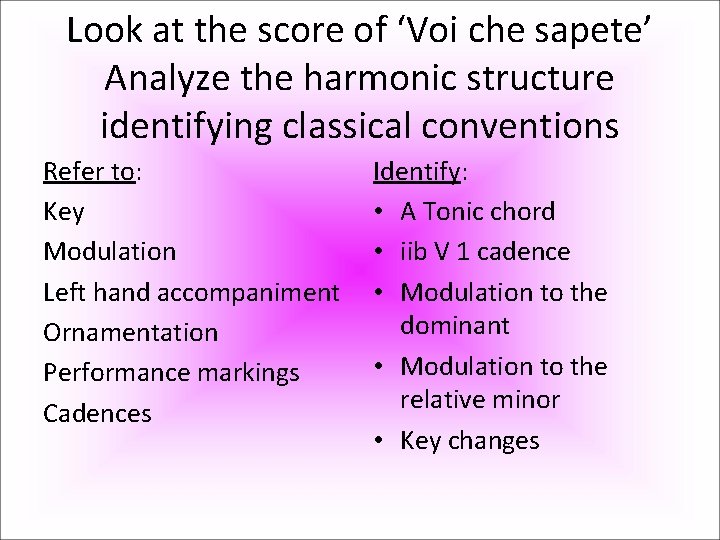 Look at the score of ‘Voi che sapete’ Analyze the harmonic structure identifying classical