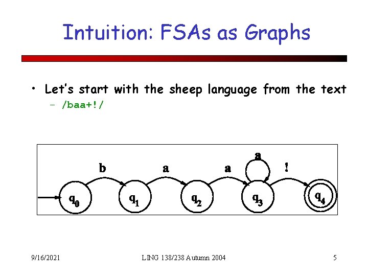 Intuition: FSAs as Graphs • Let’s start with the sheep language from the text