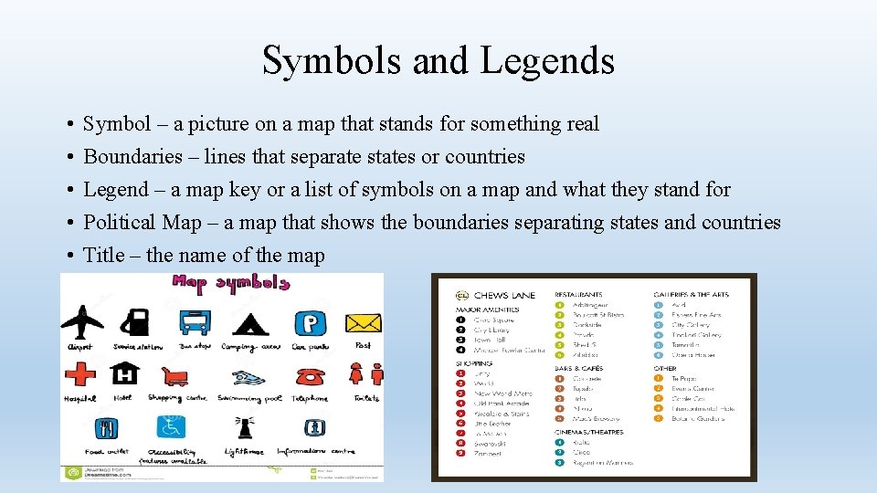 Symbols and Legends • • • Symbol – a picture on a map that