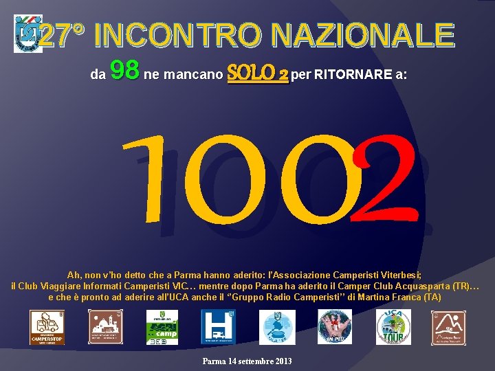 27° INCONTRO NAZIONALE da 98 ne mancano SOLO 2 per RITORNARE a: 1002 Ah,