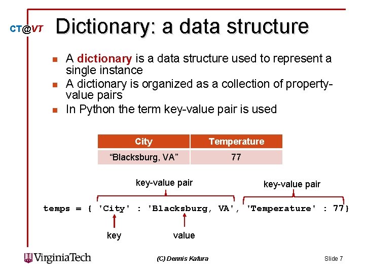 CT@VT Dictionary: a data structure n n n A dictionary is a data structure CT@VT Dictionary: a data structure n n n A dictionary is a data structure