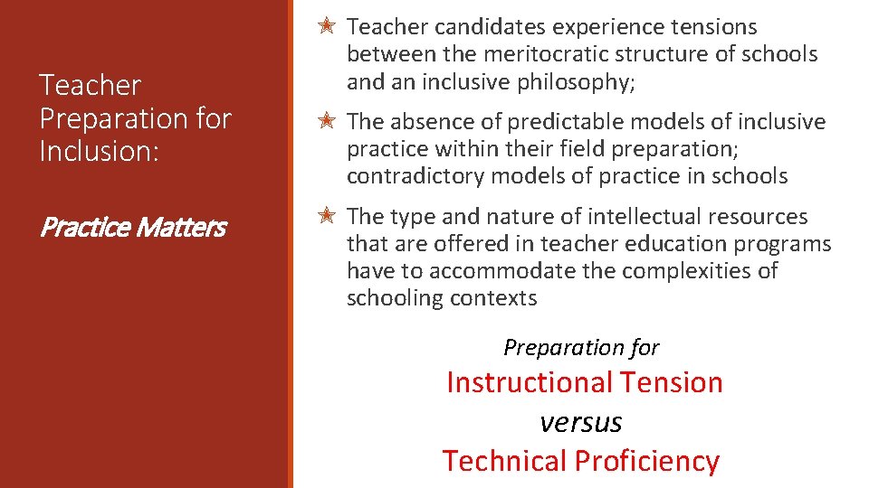 Teacher Preparation for Inclusion: Practice Matters ✭ Teacher candidates experience tensions between the meritocratic