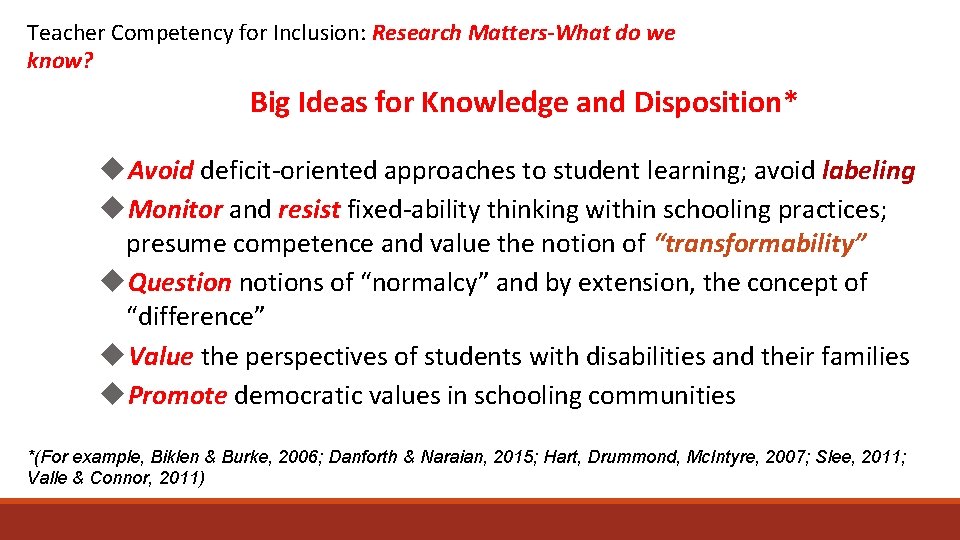 Teacher Competency for Inclusion: Research Matters-What do we know? Big Ideas for Knowledge and