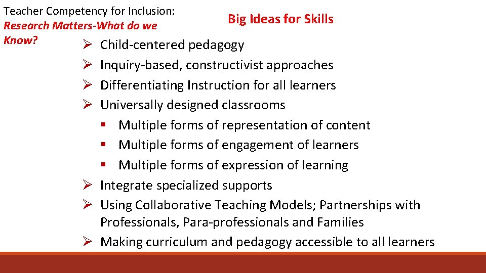 Teacher Competency for Inclusion: Big Ideas for Skills Research Matters-What do we Know? Ø