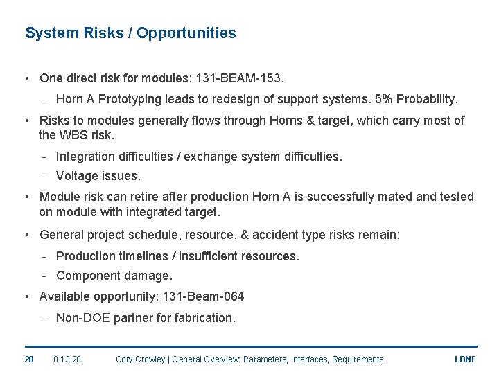 System Risks / Opportunities • One direct risk for modules: 131 -BEAM-153. - Horn