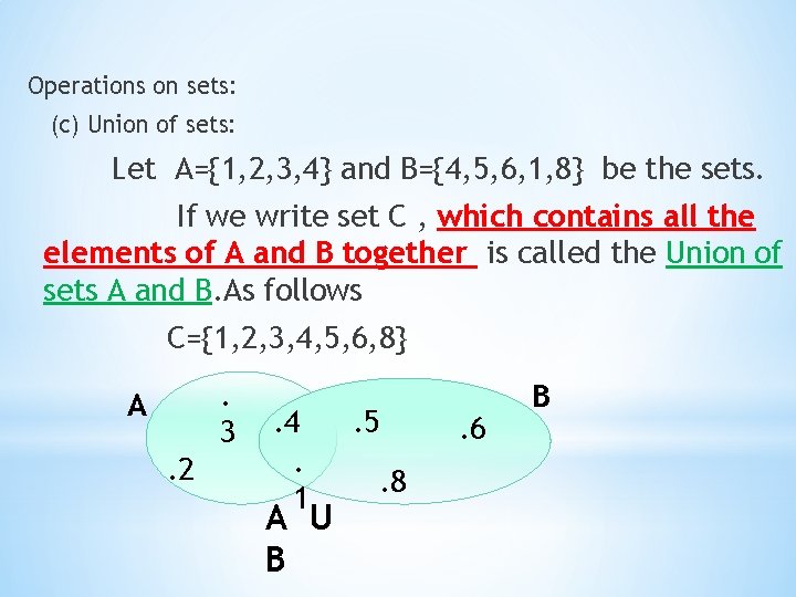 Operations on sets: (c) Union of sets: Let A={1, 2, 3, 4} and B={4,