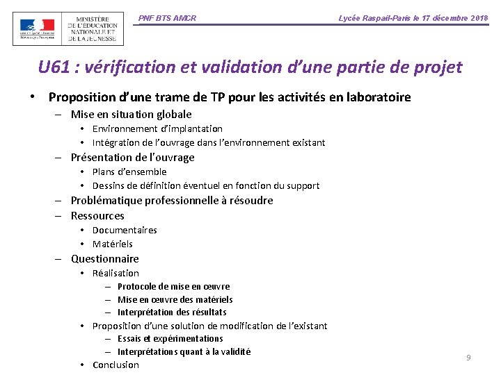 PNF BTS AMCR Lycée Raspail-Paris le 17 décembre 2018 U 61 : vérification et