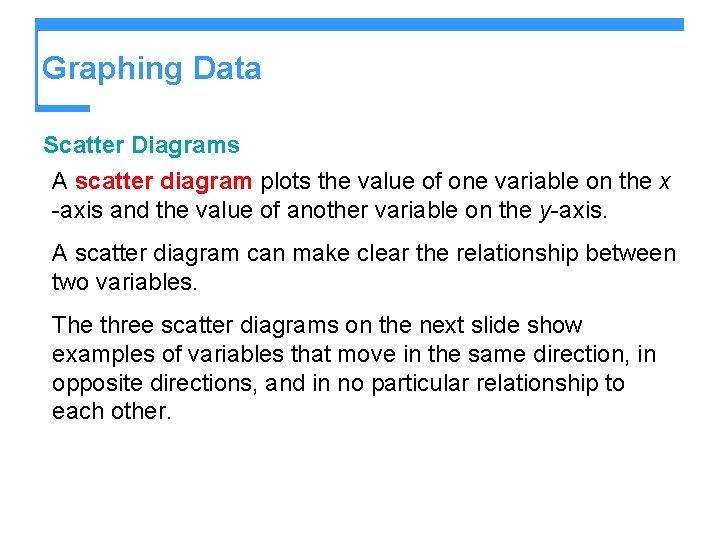 Graphing Data Scatter Diagrams A scatter diagram plots the value of one variable on