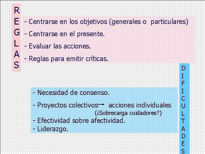 R E G L A S - Centrarse en los objetivos (generales o particulares)