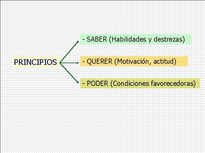- SABER (Habilidades y destrezas) PRINCIPIOS - QUERER (Motivación, actitud) - PODER (Condiciones favorecedoras)