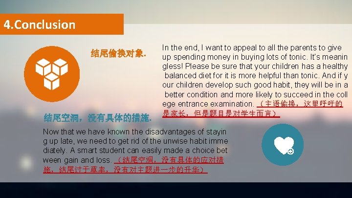 4. Conclusion 结尾偷换对象. 结尾空洞，没有具体的措施. In the end, I want to appeal to all the