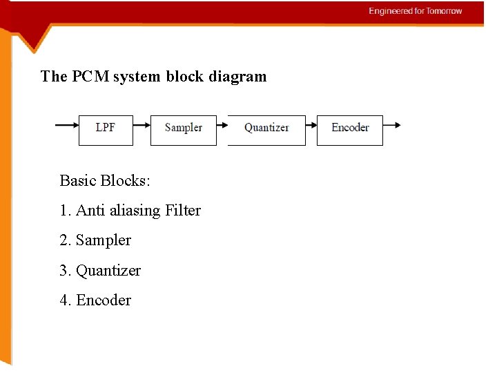 The PCM system block diagram Basic Blocks: 1. Anti aliasing Filter 2. Sampler 3.